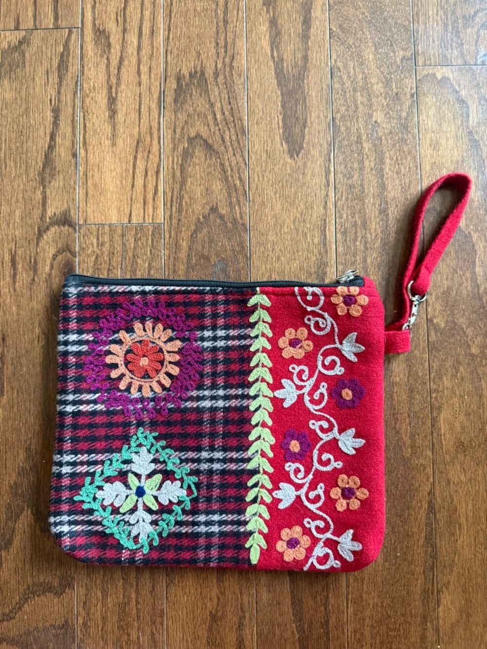 Red Embroidered Plaid Wool Wristlet Clutch